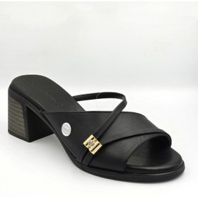 Resim Mammamia D26YT-6065 Siyah Hakiki Deri Kalın Topuklu (6cm) Kadın Trendy Terlik 