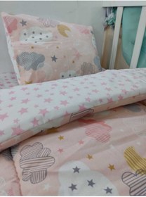 Resim Bebek Özel Pamuklu Çocuk 70x160 Beşik Yastık Çarşaf Yorgan Somon Ay Bulut Pembe Yıldızlı (Yorganlı) 
