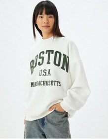 Resim Koton Oversize Sweatshirt Bisiklet Yaka Kolej Baskılı Uzun Kollu Ekru 5wal10170ık Ekru 
