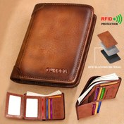 Resim Vintage Erkekler İçin Sığır Derisi Cüzdan, RFID Koruma Özellikli Çok Fonksiyonlu Kısa Kredi Kartı ve Kimlik Tutucu Üst Katmanlı Para Çantası - Babalar Günü Hediyesi 