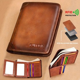 Resim Vintage Erkekler İçin Sığır Derisi Cüzdan, RFID Koruma Özellikli Çok Fonksiyonlu Kısa Kredi Kartı ve Kimlik Tutucu Üst Katmanlı Para Çantası - Babalar Günü Hediyesi 