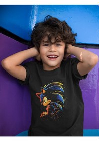 Resim Sevbano Unisex Tasarım Süper Sonic Baskılı Oyun Çizgi Film Çocuk Tişört Siyah 