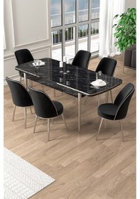 Resim Canisa Pale Serisi 80x132 Açılabilir Siyah Mermer Desen Mutfak Masa Takımı 6 Siyah Sandalye Krom Detay Masa Siyah Mermer Desen Sandalye Siyah Krom Ayak 