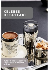 Resim Grimorlife 2 Kişilik Tepsili Gümüş Porselen Kelebek Detaylı Fincan Sunum Seti-söz Nişan Kahve Fincanı Gümüş 