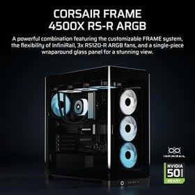 Resim CORSAIR Frame 4500X RS-R ARGB panoramik cam orta kule bilgisayar kasası – InfiniRail fan montaj sistemi, iki 360 mm radyatör için uygun, GPU Anti-Sag, 3 x RS120R RGB LINK fan içerir – Siyah 