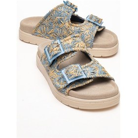Resim Luvi Shoes Mılana Mavi Desenli Hakiki Deri Tokalı Çift Bantlı Kadın Terlik Mavi 