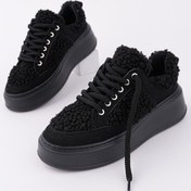 Resim Muggo Fleecy Kalın Taban Bağcıklı Peluş Detaylı Kadın Kışlık Sneaker Spor Ayakkabı Siyah 