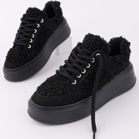 Resim Muggo Fleecy Kalın Taban Bağcıklı Peluş Detaylı Kadın Kışlık Sneaker Spor Ayakkabı Siyah 