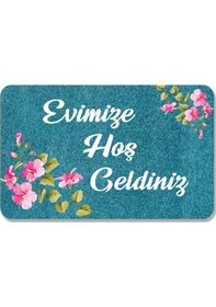 Resim Dijital Baskılı Hoş Geldiniz Yazılı Çiçek Desenli Kapı Önü Paspası İç Ve Dış İçin Yıkanabilir Kaymaz Gümüş 