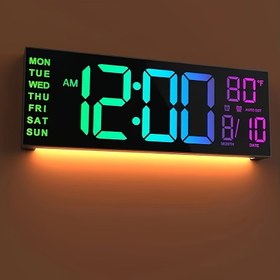 Resim 1 adet basit 40,64 cm büyük dijital duvar saati, uzaktan kumanda, çift alarmlı, 8 RGB renk, DST anahtarı, ayarlanabilir parlaklık, kare tasarım oda ve yatak odası dekoru, ev saati (USB ile çalışır) 