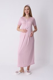 Resim Çizgili Bisiklet Yaka ve Uzun Sabahlıklı 2'li Hamile Lohusa Gecelik Seti - 2319 - Pudra / 2XL / Terlik ve Taç Seti İstemiyorum 