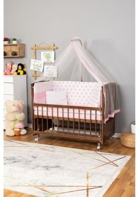Resim Ahşap Beşik Anne Yanı Beşik Ceviz 60x120 - Pembe Yıldız Tek Yastık Uyku Seti + Yatak + Tekerlekli Ceviz 