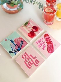 Resim Pop Art Desenli Doğal Taş Bardak Altlığı, Ev ve Ofis Kullanımı, 4 Adet 