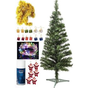 Resim 120 Cm Yılbaşı Çam Ağaç Seti 5 Metre Peri Led Işıklı Ve Yılbaşı Süsleri Paketi, Kar Spreyi 