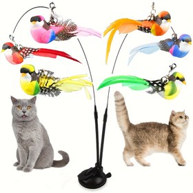 Resim Kedi Oyun Çubuğu Seti Simülasyon Kuş El Serbest Uzun Çubuk Zil ile Güçlü Vantuzlu Kedi Eğlence Oyuncakları Yavru Kediler için Av Egzersiz Aksesuarı Yapay Tüy Rastgele Renk 