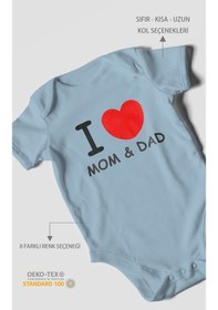 Resim I Love Mom And Dad Baskılı Bebek Zıbını Çıtçıtlı Body %100 Pamuk Kısa Kol Bebe Mavisi 
