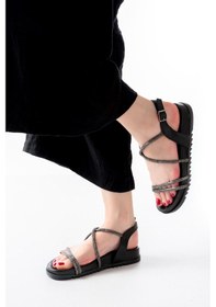 Resim 1001-1105 Siyah Platin Taşlı Günlük Kadın Sandalet Siyah 