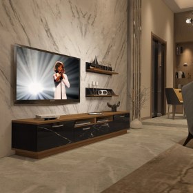 Resim Decoraktiv Trendstyle 220 Slm Tv Ünitesi Tv Sehpası Ceviz Siyah Mermer 