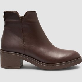 Resim Cabani %100 Hakiki Deri Kahverengi Zımbalı Kadın Topuklu Bot Kahverengi 