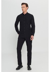Resim AC&Co / Altınyıldız Classics Erkek Sıyah Slim Fit Dar Kesim Düğmeli Yaka Armürlü Gofre Desenli Gömlek Siyah 