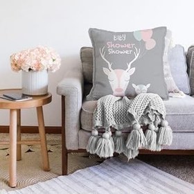 Resim RealHomes Çift Taraflı Gri Zeminde Sevimli Geyik Tasarımlı Çocuk Odası Raşel Örme Yastık Kırlent Kılıfı, Sonil-K4577-43x43cm 