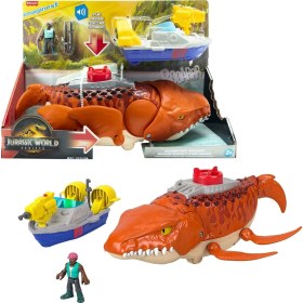 Resim Grains Global Imaginext World Rebirth Dev Ağızlı Mosasaurus, 45,5 Cm'lik Dinozor Oyuncağı, 7,5 Cm'lik Aksiyon Figürü, Fırlatıcılı Tekne ve 2 Cephane, JFR23 