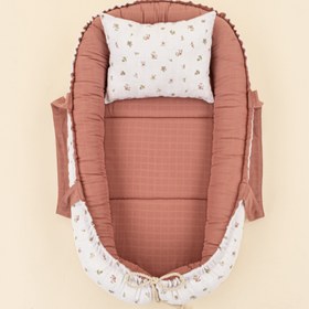 Resim Babynest ve Yastık - Çift Taraflı - Gül Kurusu Muslin - Çiçekler 