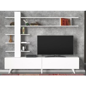 Resim Dekorister Aleyna Duvar Raflı Kitaplıklı Tv Ünitesi Beyaz 