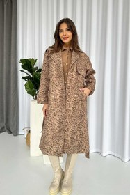 Resim Mine Tan Butik Leopar Desenli Kruvaze Astarlı Kadın Uzun Trençkot 