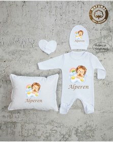 Resim yzc home size dair... E96 Ty Isme Özel Isimli Baskılı Bebek Yastık Tulum Şapka Eldiven Set Hastane Çıkışı 