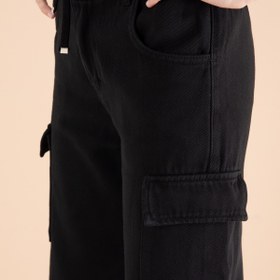 Resim Cansın Mini Siyah Geniş Paça Beli Bağcıklı Kız Çocuk Kargo Cepli Jean Pantolon 20132 