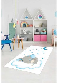 Resim Dijital Baskılı Mavi Fil Desen Dekoratif Yıkanabilir Kaymaz Taban Çocuk Halısı Çok Renkli 