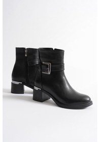 Resim Ravena Kadın Siyah Deri Fermuarlı Metal Aksesuarlı Kalın Topuklu Bot 6 Cm Siyah 
