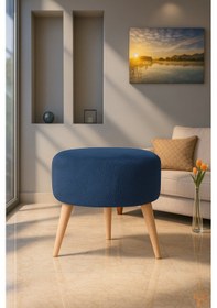 Resim Azra Mobilya Lacivert - Yuvarlak Welsoft Kumaş Puf Ahşap Ayaklı Dekoratif Oturma Ve Makyaj Pufu Lacivert 