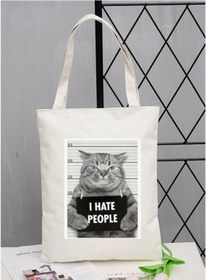 Resim Cemira I Hate People, Cat Tasarım Tote Bag Bez Çanta 