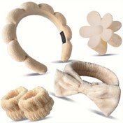Resim 5 Adet SoftTouch Spa Baş Bant Seti - Esnek Bulut Tasarımı, Mat Çiçek Saç Tutturucuları, Yumuşak Emici Bileklikler, Kokusuz - Rahatlatıcı ve Güzellik İçin Konforlu Şeritli Başlıklar 