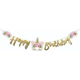 Resim Happy Birthday Çiçekli Unicorn Kaligrafi Banner Gold 