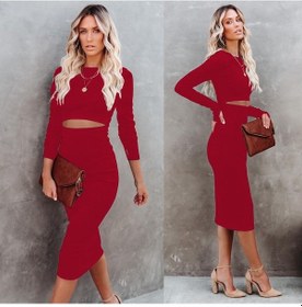 Resim Kadın Uzun Kollu Bisiklet Yaka Bel Dekolteli Krep Midi Boy Elbise Kırmızı 