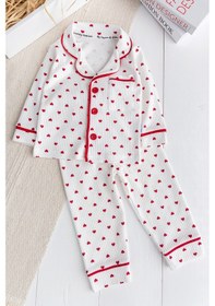 Resim Minik Kap Desenli Düğmeli Pamuk Kız Bebek Pijama Takımı Krem 