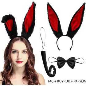 Resim Siyah Kırmızı Renk Peluş Tavşan Kulak Papyon Kuyruk Yetişkin Boy 