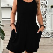 Resim Kadınlar İçin Kolsuz Rahat Tulum - Cepli Yuvarlak Yaka, Makinede Yıkanabilir İlkbahar Yaz Sonbahar Kıyafeti, Şık Düz Renk Nefes Alabilen Triko, Mevsimlik Tulum, Konforlu Moda 