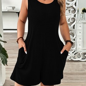 Resim Kadınlar İçin Kolsuz Rahat Tulum - Cepli Yuvarlak Yaka, Makinede Yıkanabilir İlkbahar Yaz Sonbahar Kıyafeti, Şık Düz Renk Nefes Alabilen Triko, Mevsimlik Tulum, Konforlu Moda 