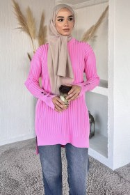 Resim Gülseli Bisiklet Yaka Tesettür Triko Tunik Pembe TZL-P-00020375 