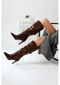 Resim Rimaz Kahve Körüklü Uzun Sivri Topuklu Çizme 001 