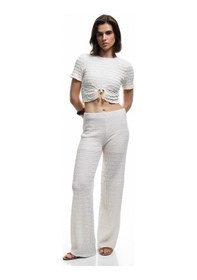 Resim Koton Bürümcük Kumaş Kısa Kollu Bisiklet Yaka Aksesuarlı Crop Tişört Ekru 5sak50463ek Ekru 