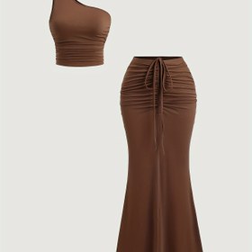 Resim Asimetrik Yaka Tek Omuz Askılı Üst + Fiyonklu Pilisli Yazlık Etek Seti Basit Moda Temel Çok Yönlü Rahat Seksi 