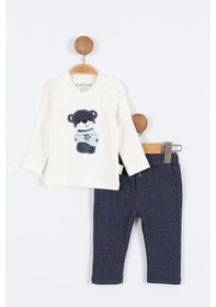 Resim Sevimli Ayı Desenli Düğmeli Pamuklu Zıbın Uzun Kol Erkek Bebek 3'lü Takım Alt Üst Erkek Bebek Takım Lacivert 