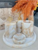 Resim Sümeyra Marble Art Light Sugar - Beyaz Üzeri Sarı Geçişli Doğal Mermer Banyo Seti 5li 