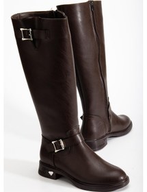 Resim Kahverengi Kadın Çizme Düz Topuklu Bilek Kemerli-4285 Kahverengi 