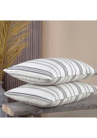 Resim Pamuklu İpliği Boyalı Yıkamalı Kapaklı Yastık Kılıfı 2 Li Set 50x70 Cm Çift İğne Detaylı Beyaz - Gri 